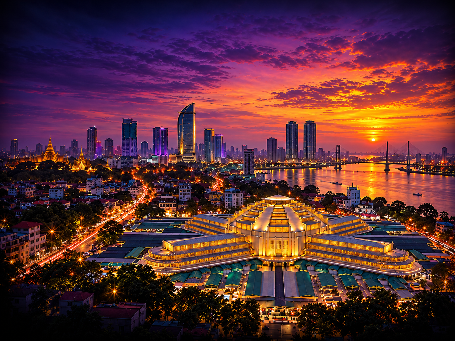 Central Market and Phnom Penh skyline at sunset