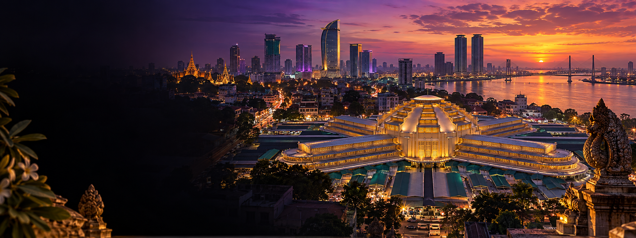 Central Market and Phnom Penh skyline at sunset